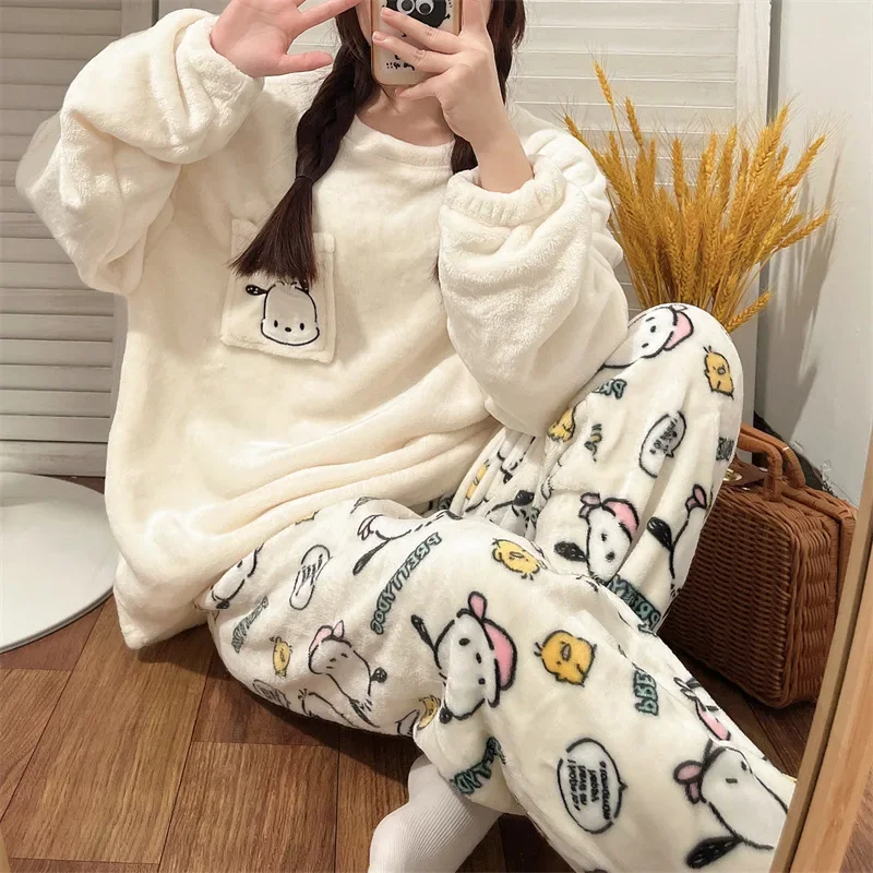 1 Set Cartoon Kuromi Cinnamoroll HelloKittys Women Plush Pajamas Set Kawaii Spring Winter Home Clothes New Girl Thicken Cute