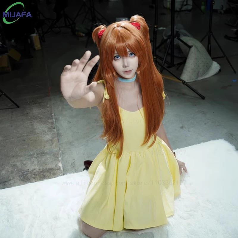عالية الجودة Asuka Langley Soryu شعر مستعار تأثيري إيفا اثنين انفصال كليب ذيل حصان مقاومة للحرارة الاصطناعية الشعر أنيمي الباروكات + WigCap #5