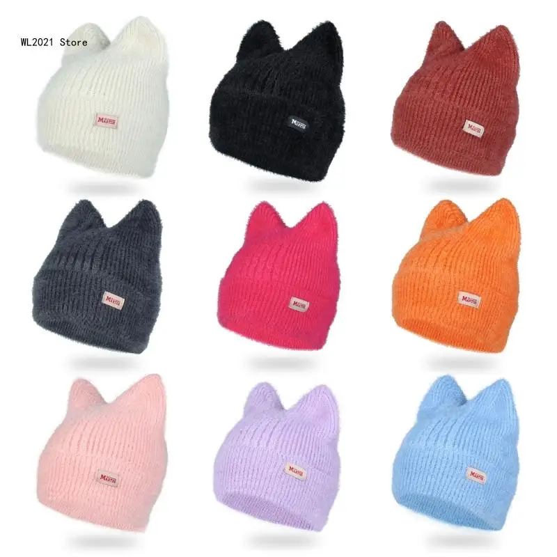 Winter Warm Knit Hat with Cat Ear Soft Breathable Crochet Beanie Cap Women Sweet Headdress Outdoor Activity Bonnet Cap