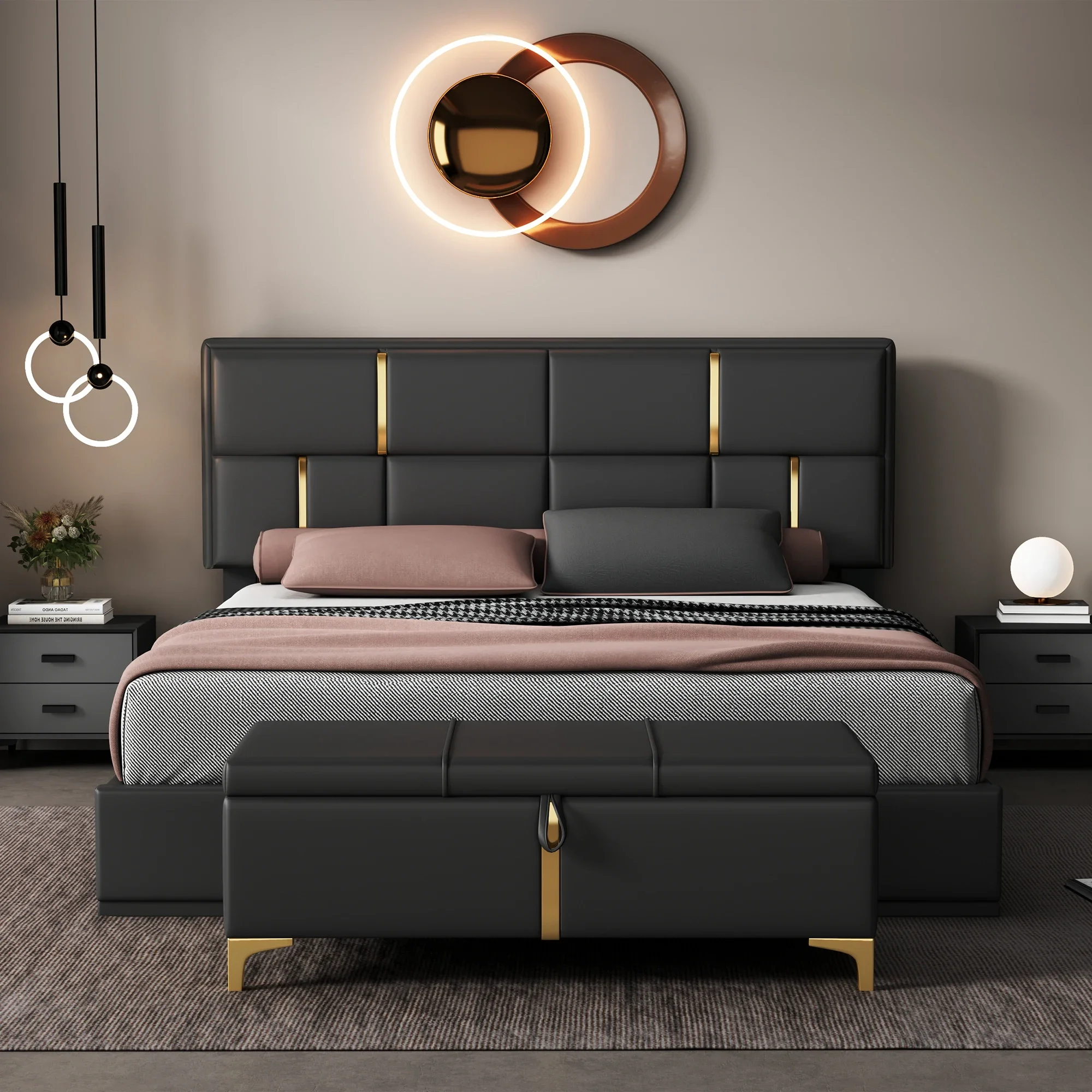 2-Pieces Bedroom Sets Queen Size Upholstered Platform Bed With Hydraulic Storage System Storage Ottoman With Metal Leg in Black
