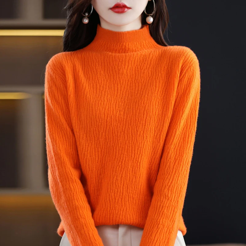 

Autumn/Winter Thickened Semi-turtleneck Woolen Sweater Women's 100 Pure Wool Knitted Base Loose Aero Tree Print Woolen Sweater