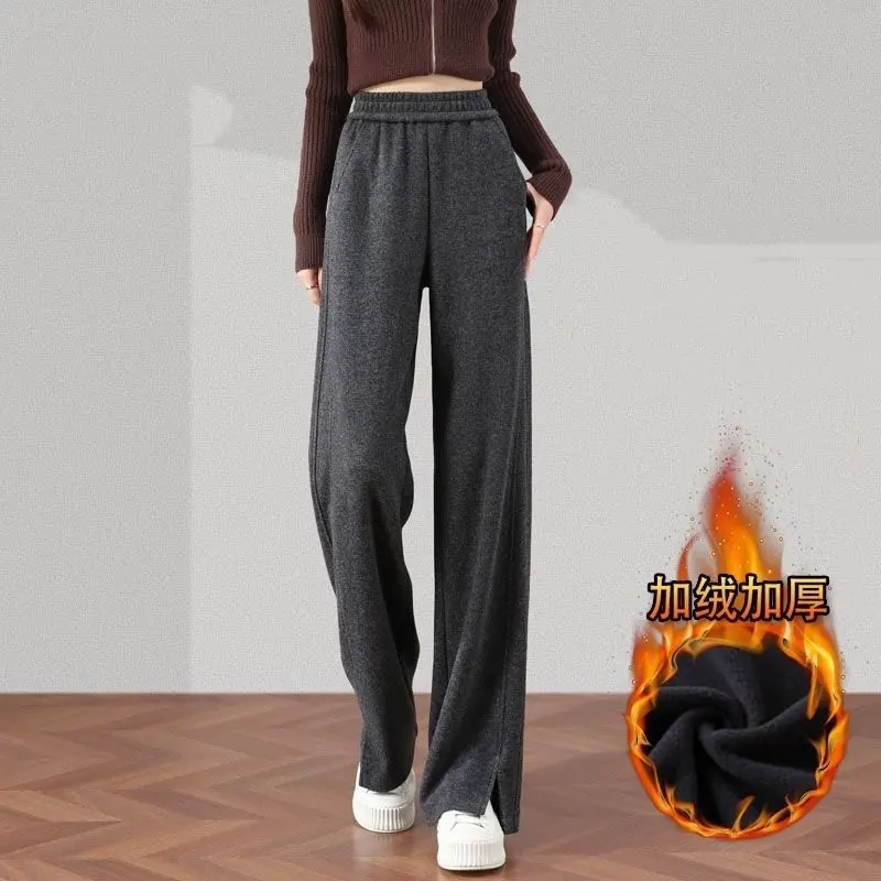 

Autumn Winter Fleece Thick Wide Leg Women Simplicity Office Lady Solid Color Straight Fashion High Waist All-match Casual Pants