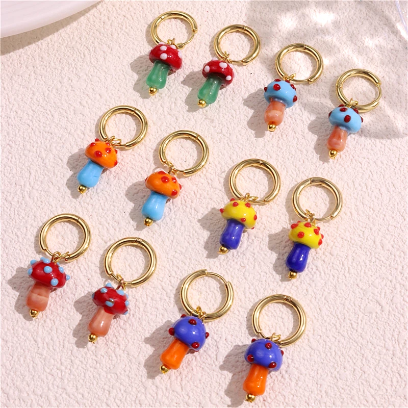 HUANZHI Colored Mushroom Ceramic Glass Beads Earrings for Women Girls Cute Fun DIY Handmade Jewelry Accessories 2024 Summer