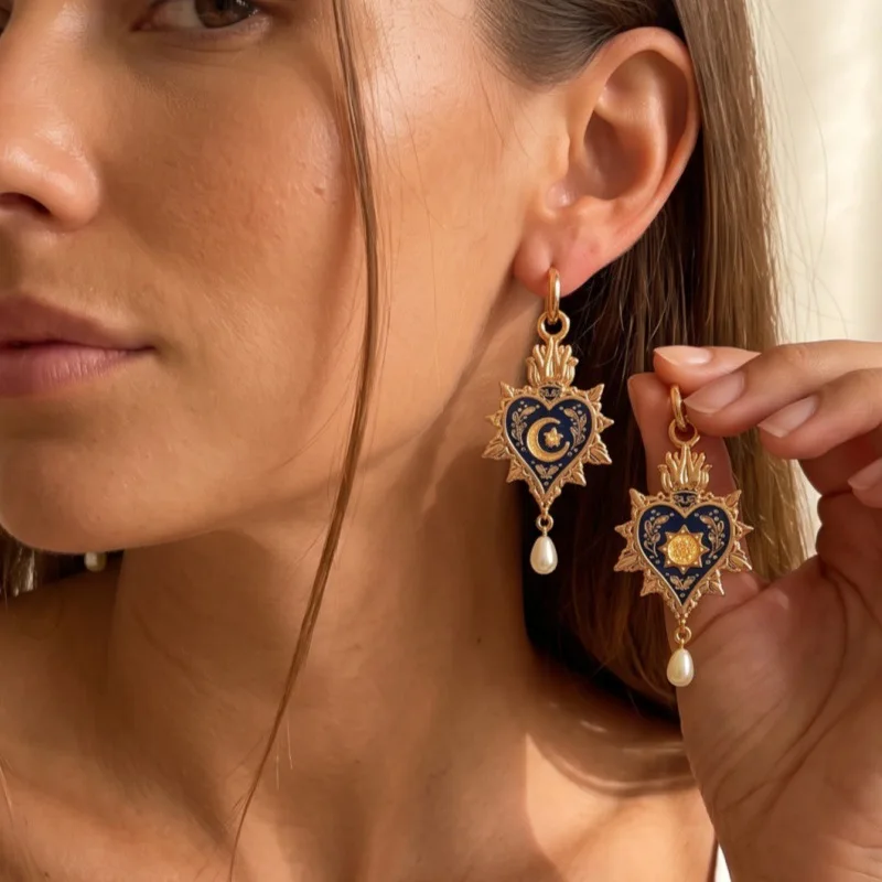Retro Flame Love Oil Drop Earrings Star Moon Sun Relief Pearl Water Drop Earrings