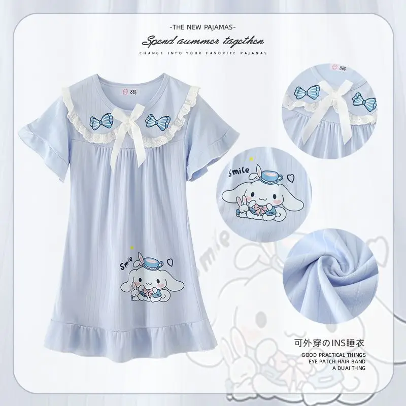 Summer Girl Pajamas Kuromi Cinnamoroll My Melody Cartoon Nightdress Little Girl Cute Princess Style Dress Short Sleeves Pajamas - view 2