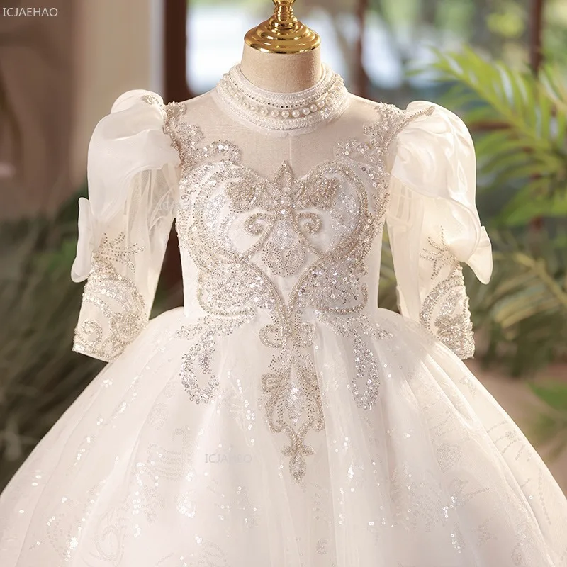 New Girls White Flower Girl Wedding Dress Children Middle Sleeve Puffy Performance Pageant Formal Princess Party Gown for Host