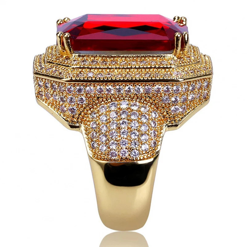 High-end Luxury Fashion Hip Hop Ring Gold Color Plated Iced Out Bling Micro Pave CZ Stone Red Rhinestone Rings With 7,8,9,10,11