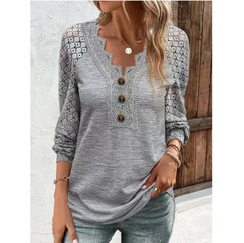 

Fashion New Ladies 2025 Spring Summer Basics T-shirt Temperament Casual Lace V-neck Long Sleeve Tee Comfortable Ladies Loose Top