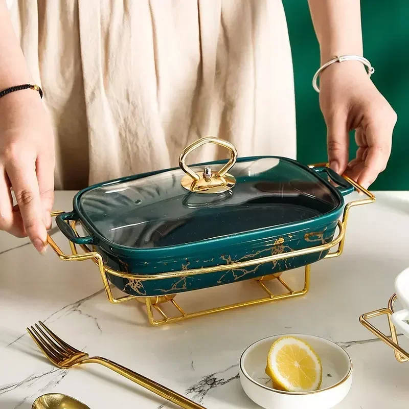 #V New Type Nordic Marble Gold Grain Rectangular with Glass Cover Iron Stand Marble Ceramic Soup Pot