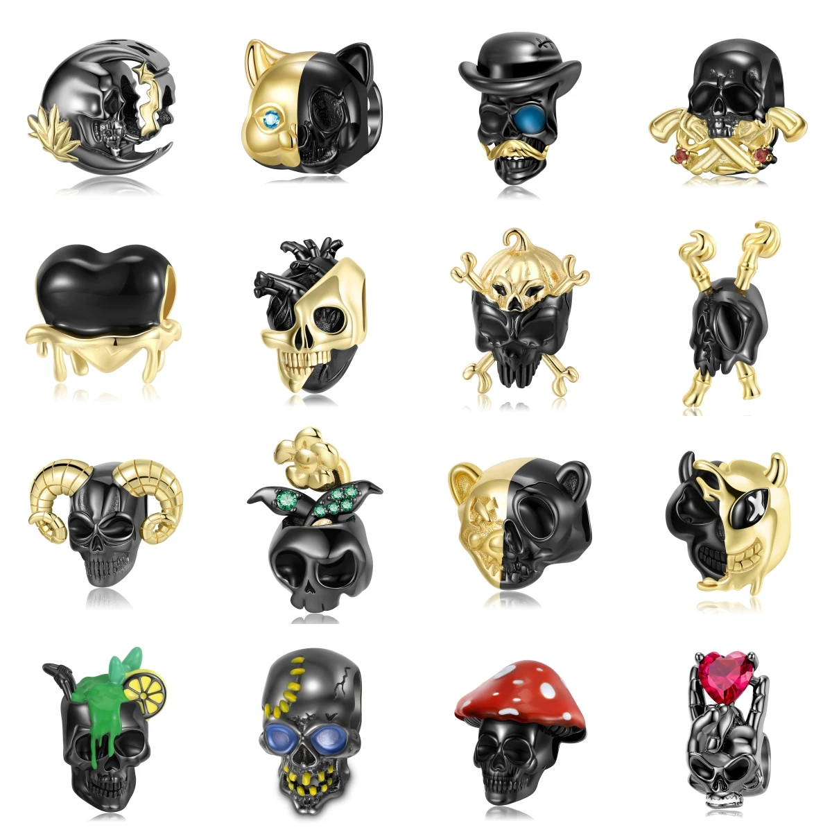 

KATAOKA 925 Sterling Silver Gold Skull Black Head Vase Juice Blood Halloween Charm Bead for Women Girl Bracelet Making Accessori