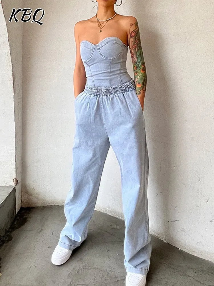 

KBQ Casual Denim Two Piece Sets For Women Strapless Sleeveless Backless Slim Tops High Waist Wide Leg Pants Solid Set Female New