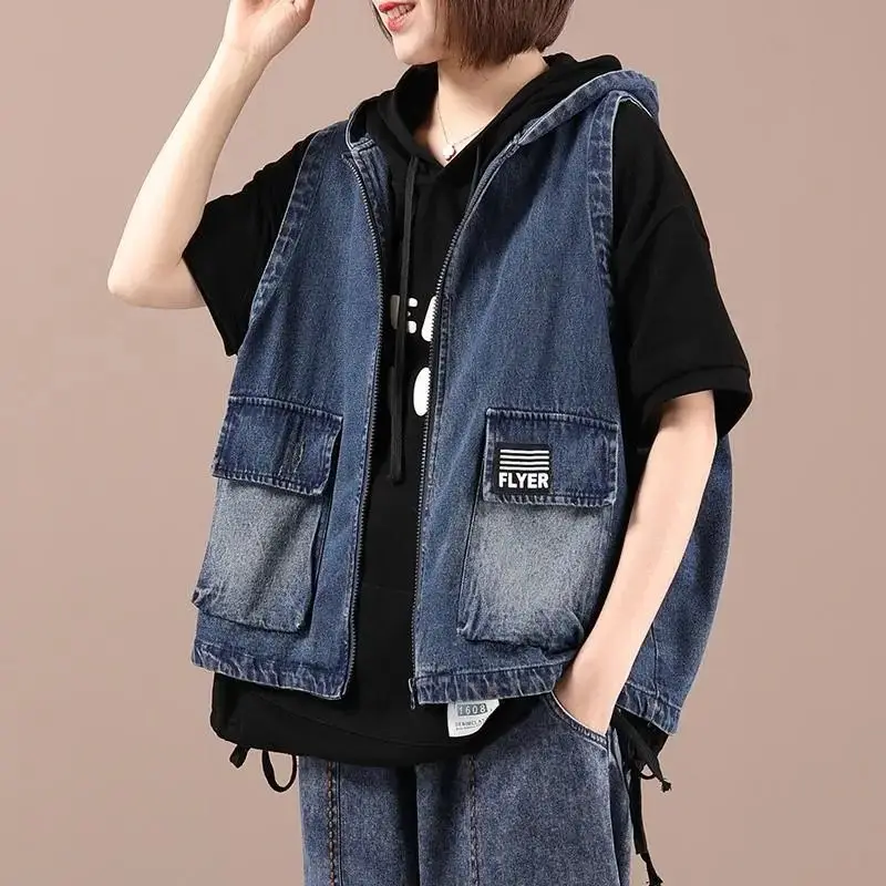 

Women Denim Coats Zipper Vests Coat Casual Loose Hooded Sleeveless Y2k Streetwear Jackets Elegant Vest Splice Jacket 2025