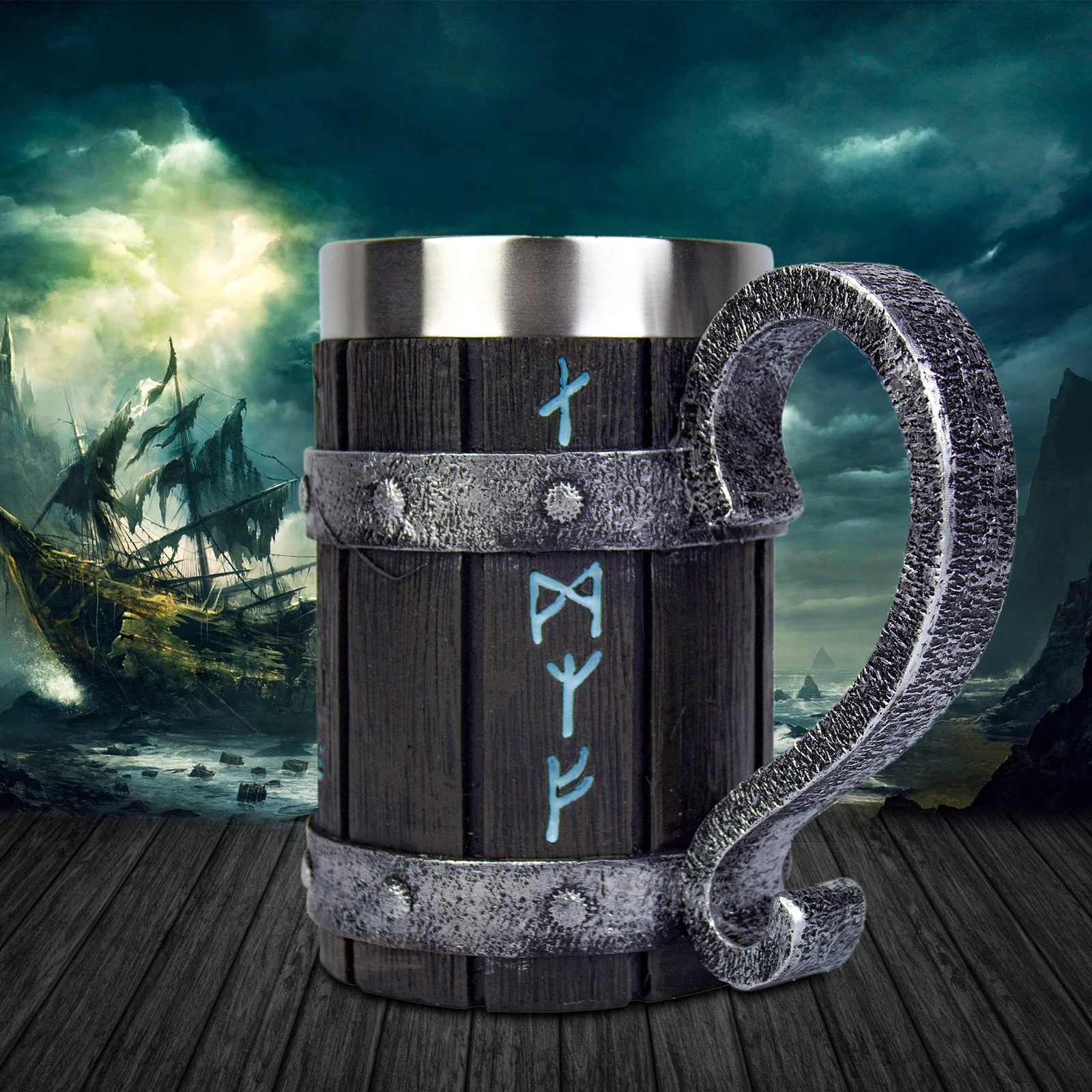 New Viking Rune Beer Mug 304 Stainless Steel Tankard Resin Imitation Wooden Texture Nordic Decor Stein Coffee Cup Men Gift 600ml