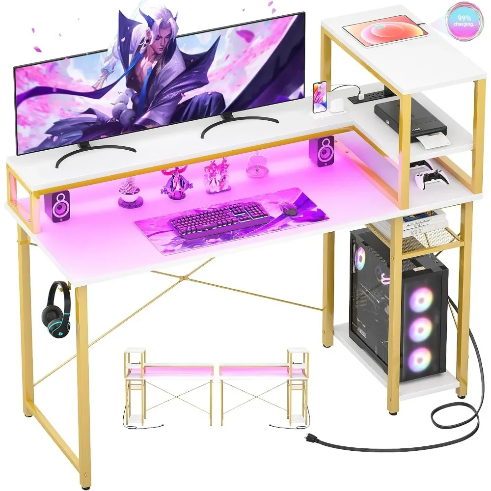 Computer desk,game desk 47 inches,computer desk with foldable storage rack,home office desk with power socket and RGB LED lights