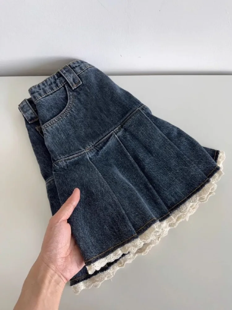 

DEEPTOWN Vintage Pleated Denim Skirt Women American Retro High Waist A-line Lace Patchwork Sexy Mini Jeans Skirt 2024 Summer