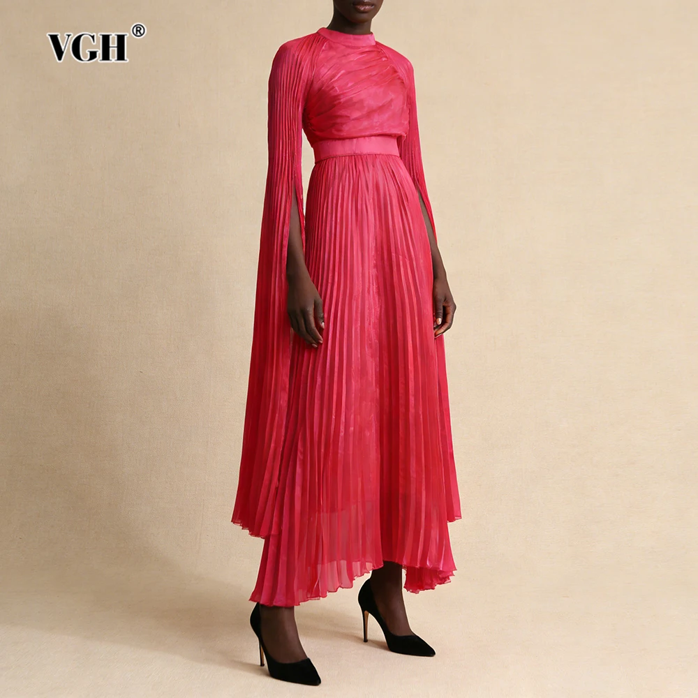 

Элегантные винтажные однотонные платья VGH для женщин, с круглым вырезом, длинными рукавами, высокой талией, весеннее элегантное драпированное платье, женский модный стиль
