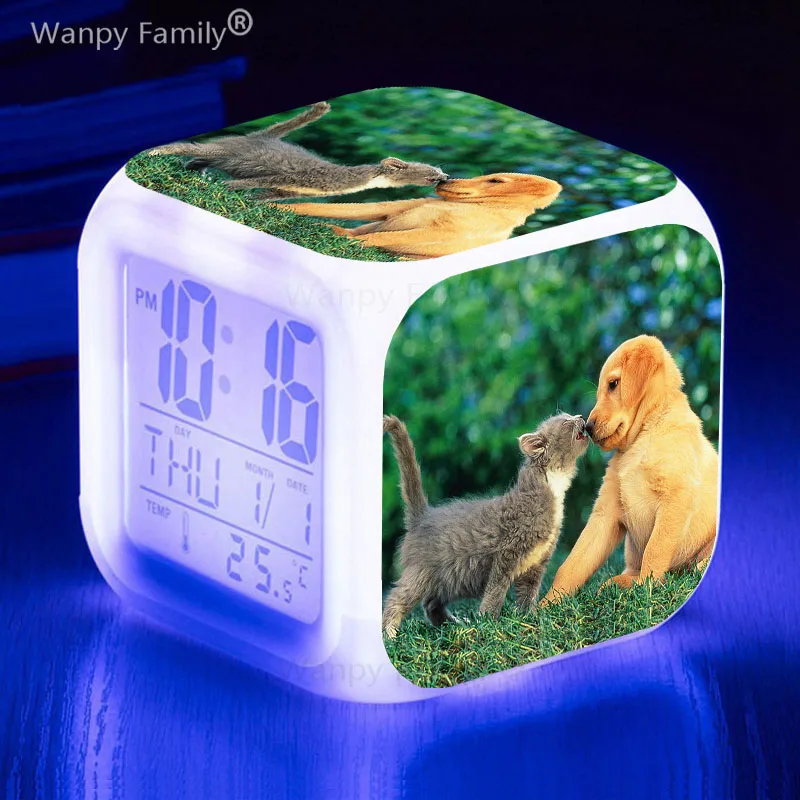 Cute Kitten 7 Color Changing LED Alarm Clock Boys Girls Gifts Student Room Wake Up Timer Home Decor Portable Desk Clock