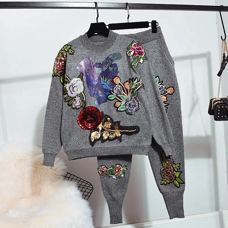 Heavy Work Sequins Flower Knitted Tracksuits Women Outfits Loose Casual Black Pullover Sweater Pencil Pants Two Piece Set Female