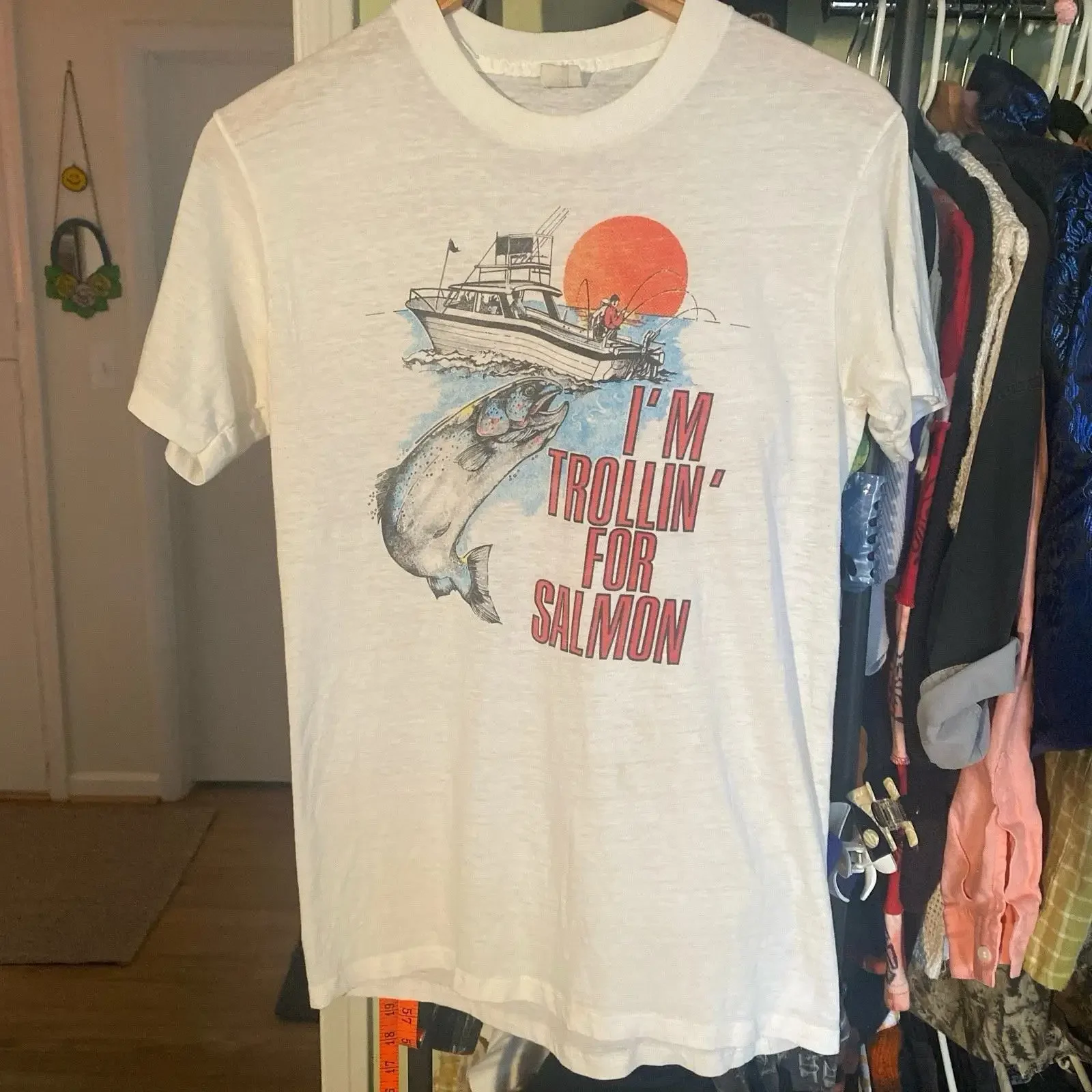 Vtg Fisherman I m Trolling For Salmon TNT T shirt Paper Thin White Fish Boat vintage Washed streetwear designer clothes