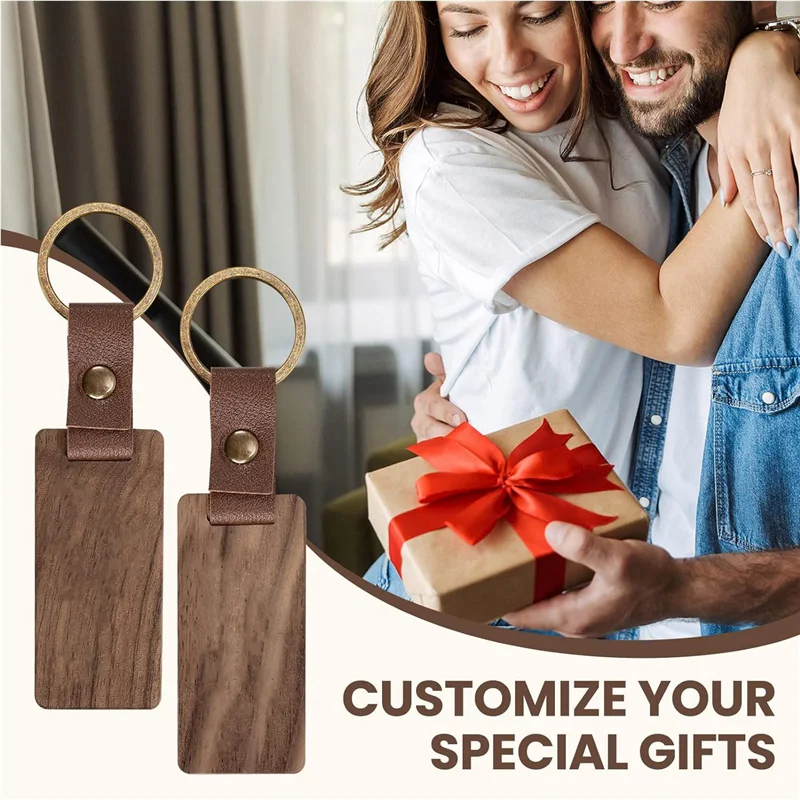 

A76F-25 Pieces Leather Wood Keychain Blank, Wooden Keychain Blanks With Leather Strap, Unfinished Wooden Keychains 65 X 28Mm