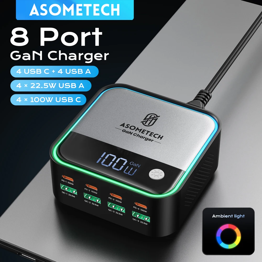 Ładowarka GaN USB C 8-portowa mini ładowarka biurkowa z wyświetlaczem oświetlenia otoczenia 4 X 100 W PD PPS Szybka ładowarka do laptopa iPhone 15 Samsung