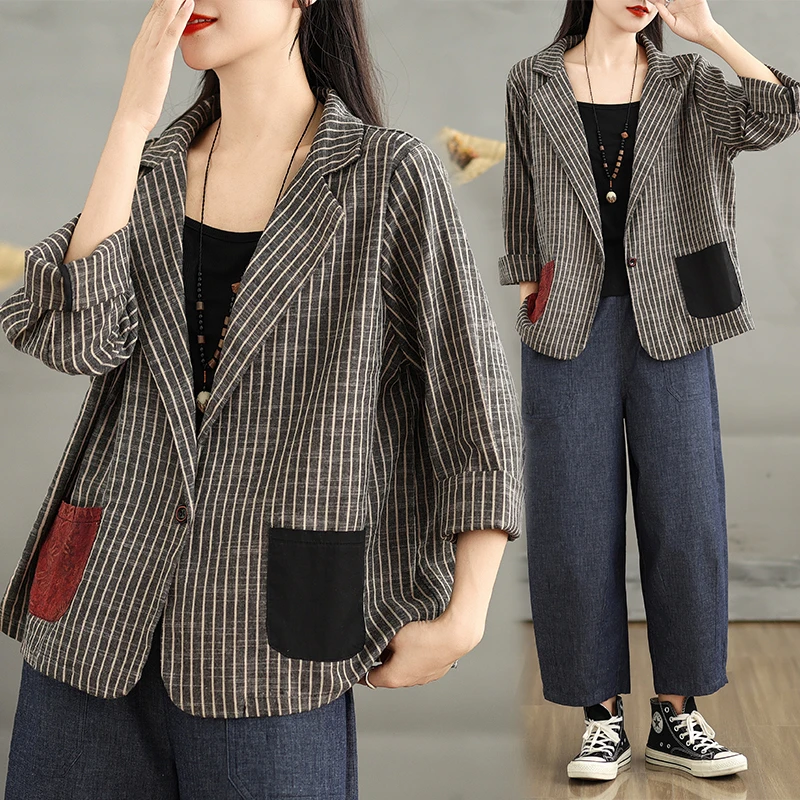 

Retro Striped Suit Jaet Women's Spring Autumn Loose Casual Ele Age-Defng Outerwear Long Sve Commute Sle