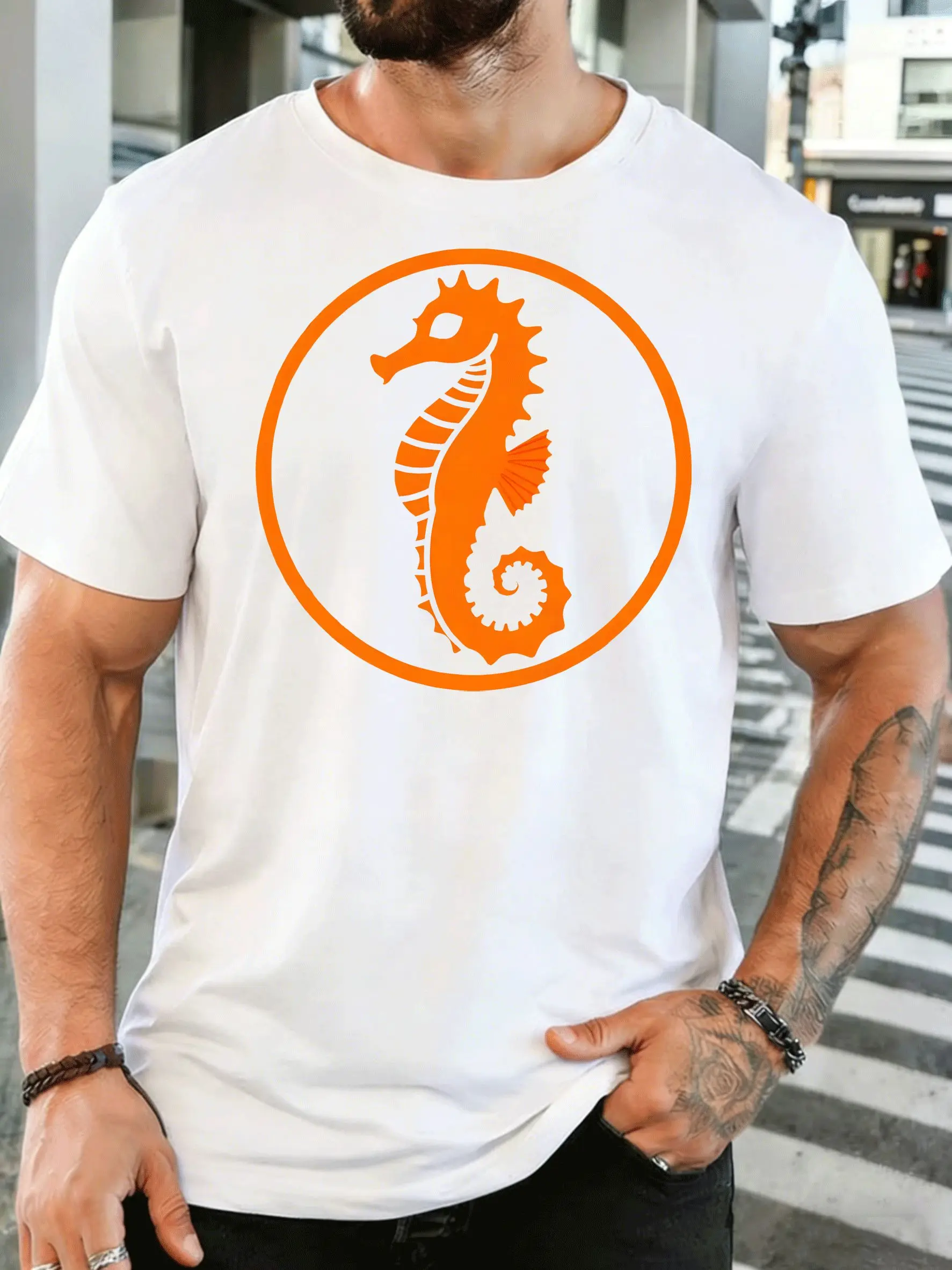 Orange Seahorse Circle Silhouette Mens Print T Shirt Ocean Marine Animal Graphic Tee Casual Short Sleeve Top Sea Creature Gift