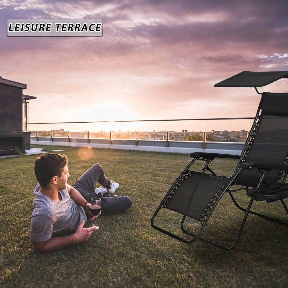 Heavy Duty Zero Gravity Lounge Chair with Backrest Sunshade Canopy & Cup Holder Tray Folding Portable Handle 2PCS, Customized view 4