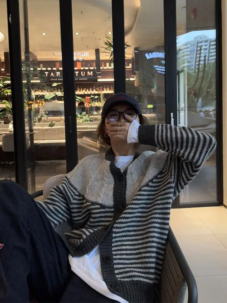 

Deeptown Contrast Color Striped Preppy Women Cardigan Gray Vintage Long Sleeve Korean Fashion Oversized Sweaters Basic Casual