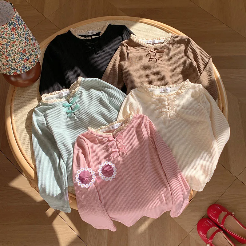Baby Girls Long Sleeve T-shirt Kids Bowknot Tops Tees Toddler Bottoming Pullover Autumn Children's Clothing Casual