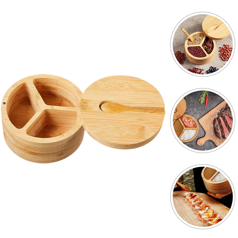 

1Set Bamboo Seasoning Box Divided Spice Container with Spoon Multi-Grid Salt Sugar Pepper Storage for Home Hotel