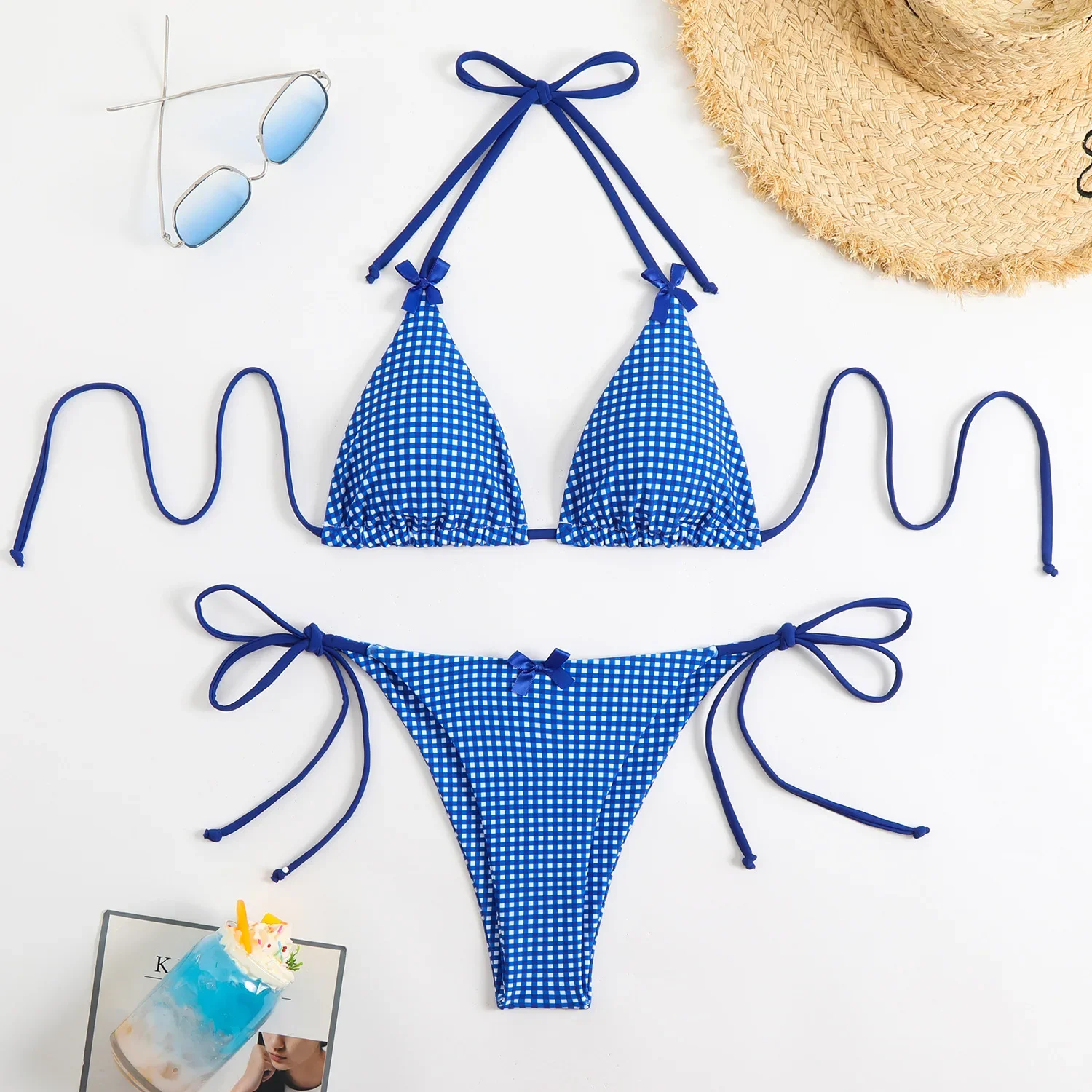 

Sexy Bikini Plaid Swimwear Women Swimsuit Butterfly Decor Checked Halter Neck Thong Bikinis Sets Summer Beachwear Bathing Suits
