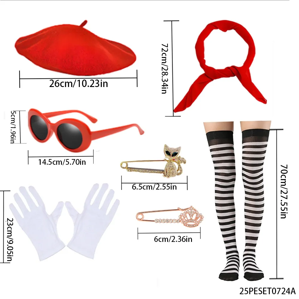 PESENAR 1950s Themed Set Include Red Beret, Scarf, Sunglasses, Gloves, Cat Shaped Brooch, Crown Brooch, Stockings
