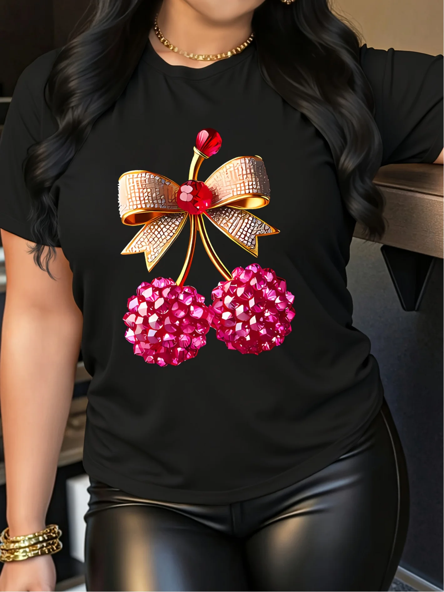 Women Rhinestone Cherry Coquette Bow Graphic T-Shirt Patriotic America Style Pure Cotton Round Neck Short Sleeve Tops 4th Of July Independence Day Mama Tees Summer Daily Game Day Themed Party Casual Wear