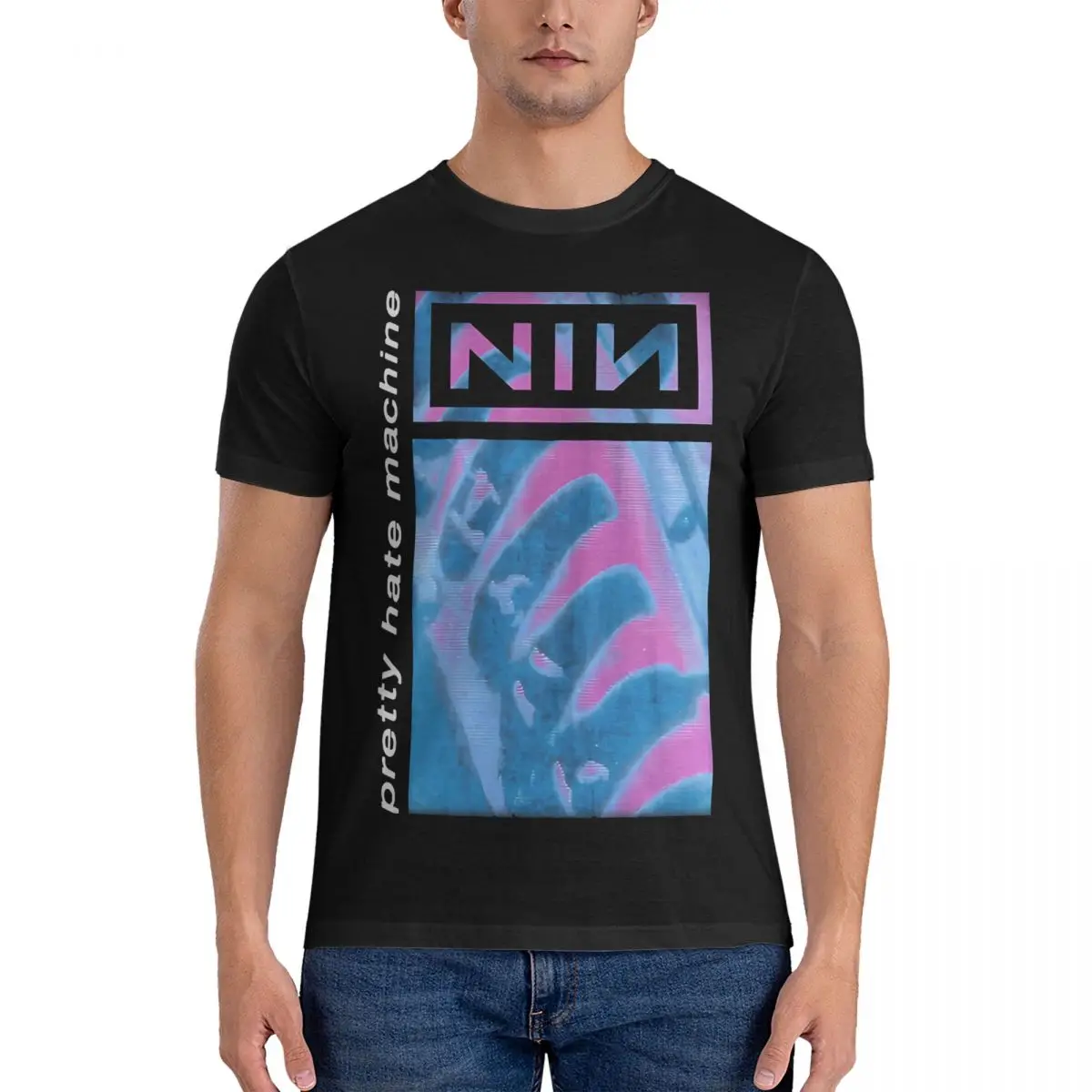 Blue And Purple Hate Nails Machine T Shirts Men's Cotton Vintage T-Shirts Crew Neck Nine Inch Nails NIN Tee Shirt Short Sleeve