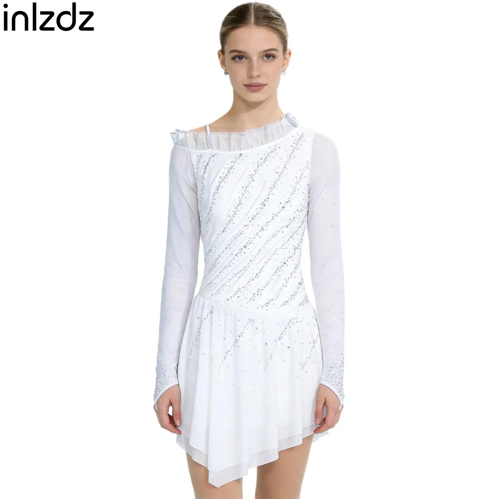 

Womens Figure Skating Dress Sheer Mesh Long Sleeves Finger Holes Asymmetrical Shoulder Rhinestones Dress Performance Dancewear