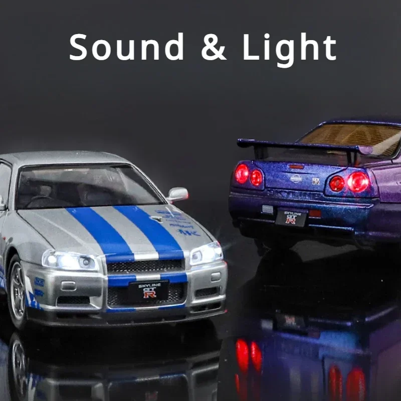 1:24 Alloy JDM Nissan GTR R34 Sport Car Toy Vehicles Metal Car Model Sound Light Collection Car Toys For Children Gift