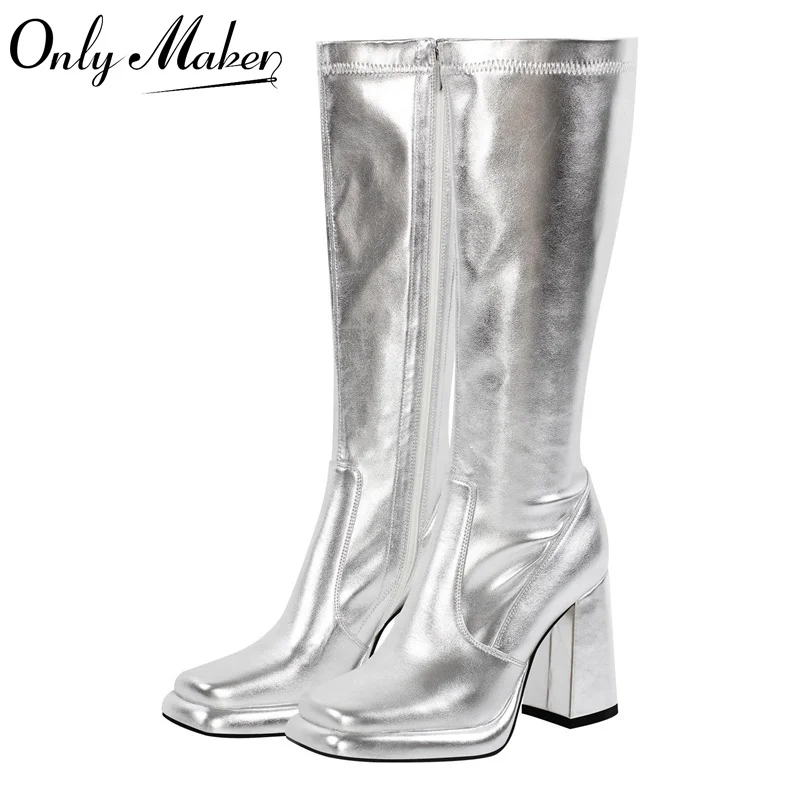 Onlymaker Women Square Toe Sliver Knee High Boots Side Zipper Fashion Handmade Chuny Heel  Big Size Female Boots