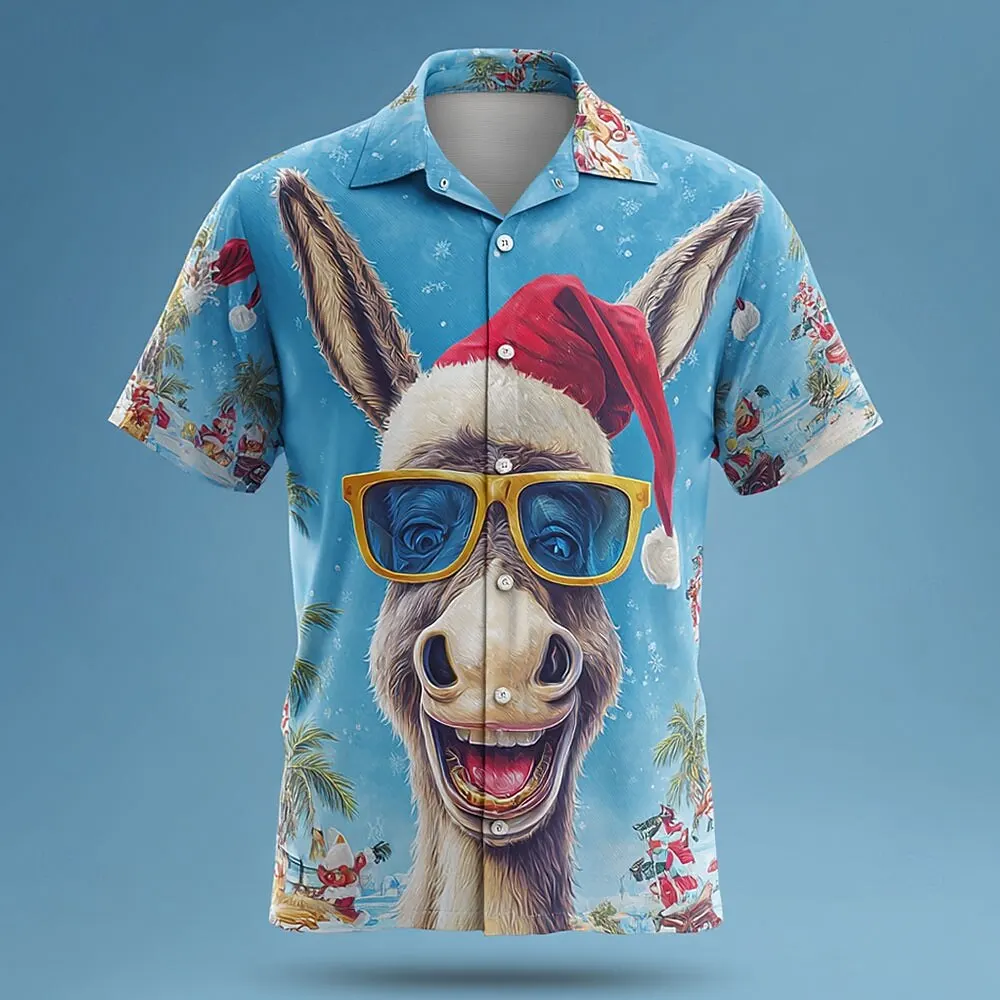 مضحك عيد الميلاد حمار الرسم الرجال قميص مهرجان عطلة عارضة قصيرة الأكمام قميص أزياء فضفاضة زر التلبيب أعلى مريحة #2