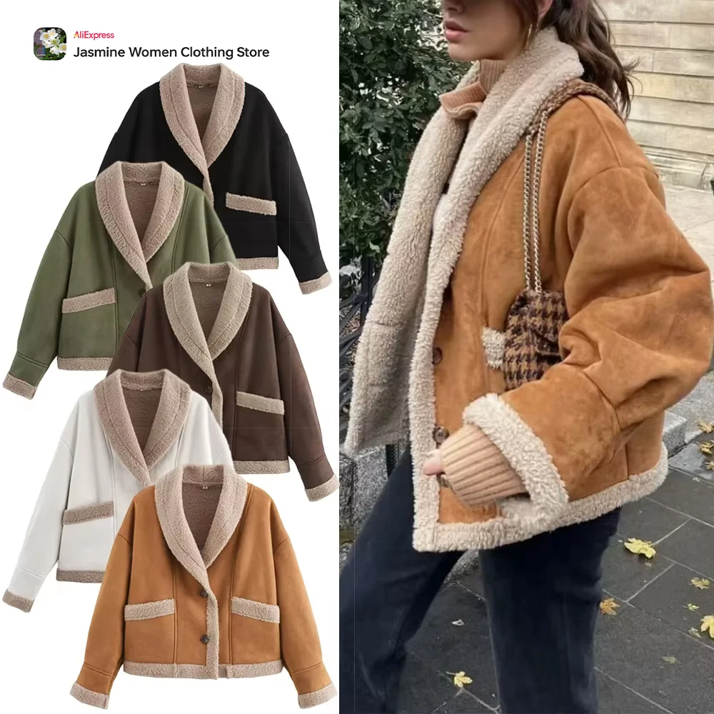 TRAF ZR HighStreet Faux Sheepskin Jacket Long Sleeve Flared Cuff Artifical Fur Coat Lapeled Single Breasted Winter Outerwear