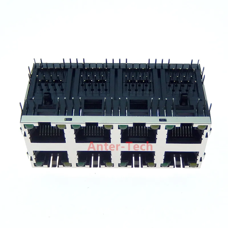 RJ45 2x4 2*4 Stacked 8 Ports Lighted Shielded Modular PCB Double Layer Jack 8P8C Right Angle Through Hole Network Connector Side