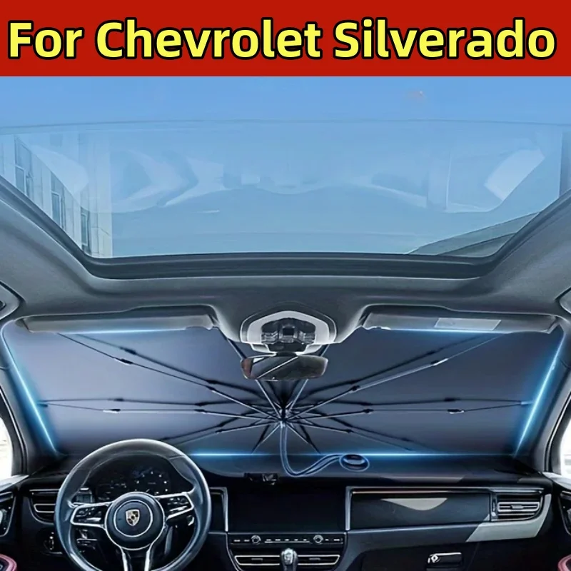 

For Chevrolet Silverado Car Sunshade Front windshield Sun Shade with Pull ring Cord Anti-Scratch Handle - Upgraded Car parasol