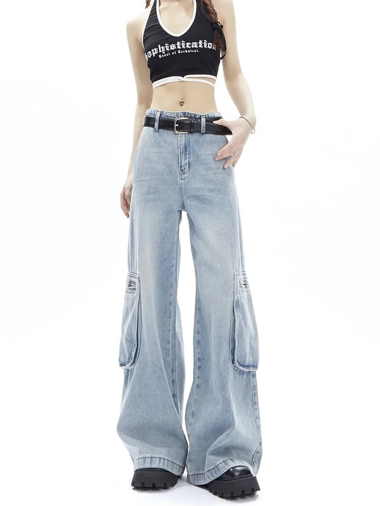 Aesthetic Vintage Cargo Pants For Women Y2k High Waist Baggy Jeans Casual Chic Zippers Pocket Female Wide Leg Trousers 2023