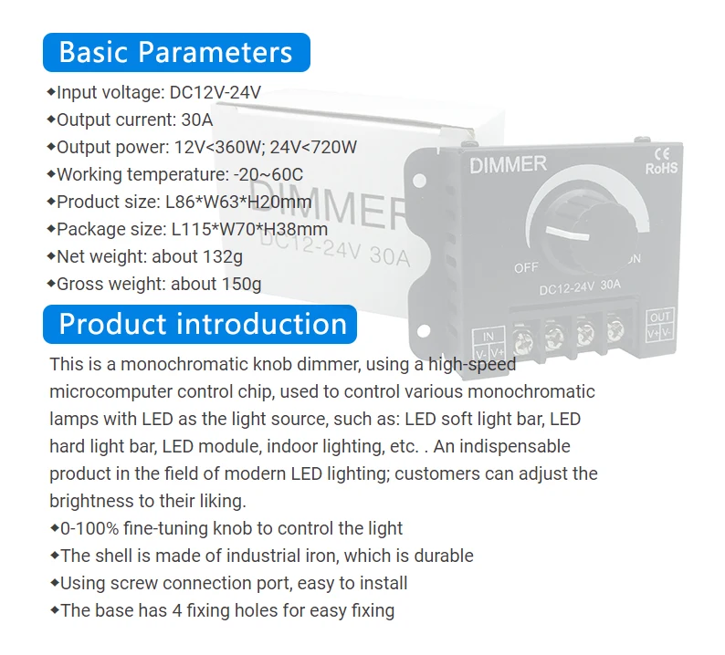 30A Rotary Dimmer Switch Regulator DC 12V 24V Iron Shell LED Knob Controller for Single Color 5050 2835 3014 Strip Light On Off