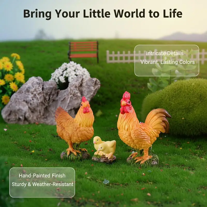 Mini Farm Animal Ornaments, 3 PCS Rooster Hen Chick Figurines, Fairy Garden Miniatures For DIY Landscaping & Home Decor