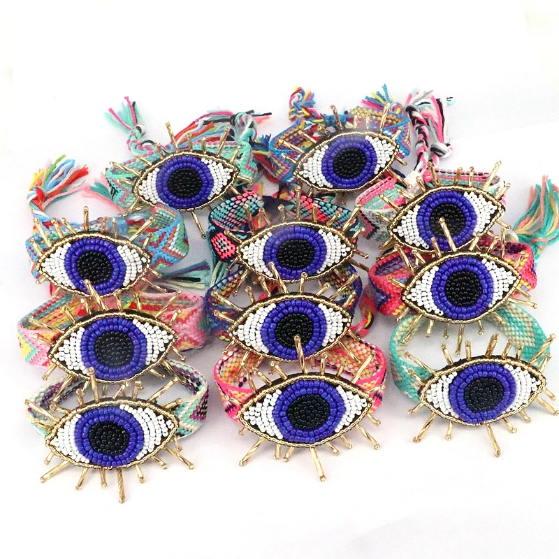 5Pcs 2023 New Bohemia Creative Blue Eyes Charms Bracelet Handcraft  Wide Adjustable Cotton Wave Tassel Jewelry