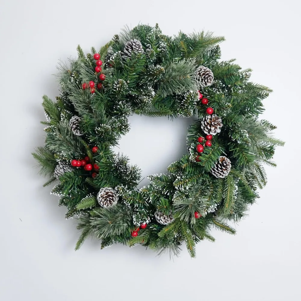 Christmas Wreath Snowy Pre-lit 24 inch with 50 Light & Pine Cone, Artificial Christmas Wreaths