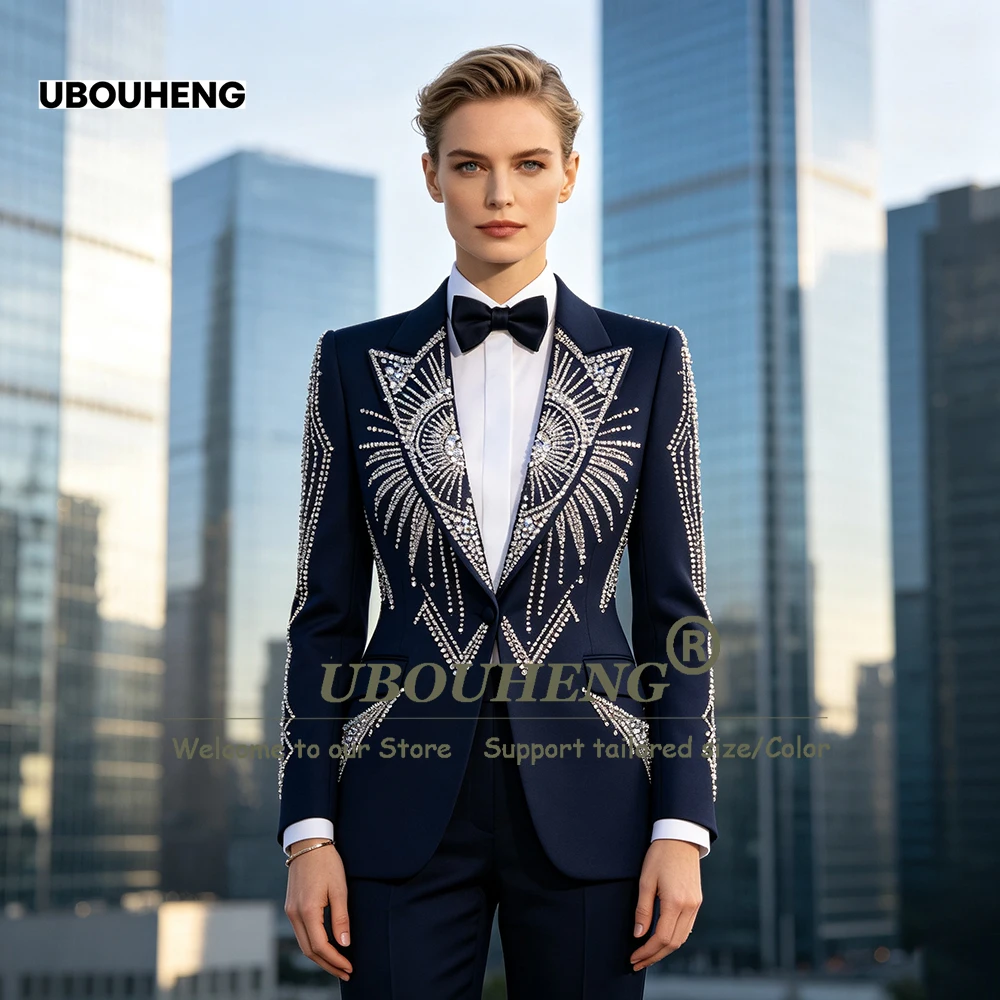 Brilliant Beading Crystals Women Suit 2 Pieces Single Breasted Jacket Pants Customized Bride's Mother Dress Lady Business Attire