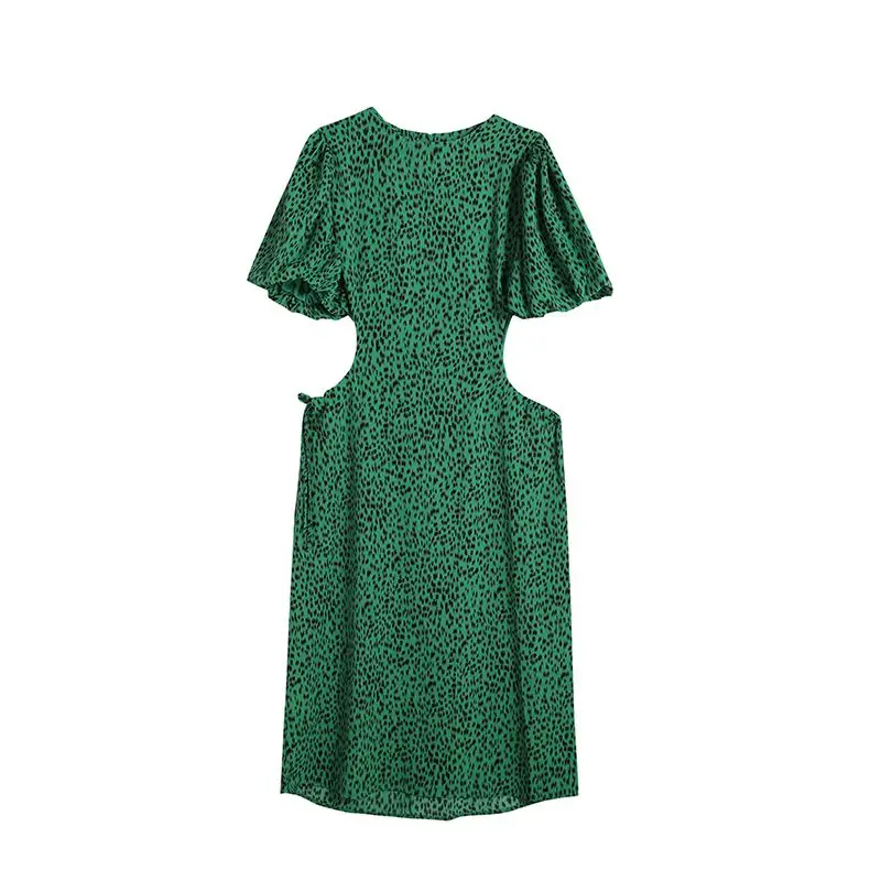 

Leopard print dress women's summer waist slim skirt Hong Kong style retro green bubble sleeves waist long dress tide