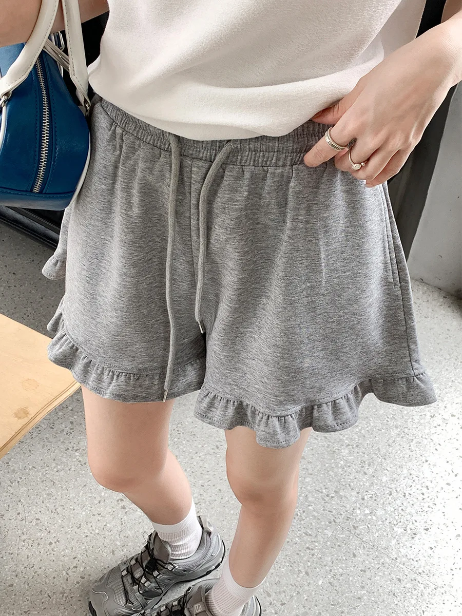 Süße Freizeithose mit Rüschensaum für Damen, Sommerkleidung, elastische Taille, Krawatte, schlankmachende, atemberaubende Shorts